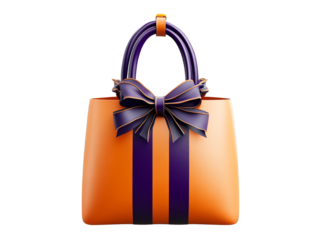 Stylish orange handbag with purple stripes and a decorative bow, white isolated background.