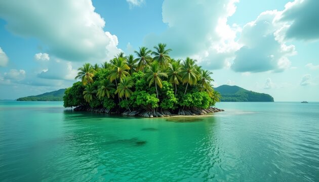 Tropical island surrounded by turquoise waters under a cloudy blue sky
