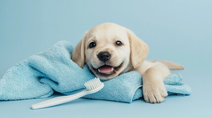 Happy puppy resting on a soft towel with a toothbrush beside it in a light blue setting