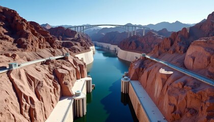 A bridge spanning a narrow canyon between two rocky cliffs with a blue-green river below