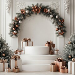 Christmas themed background featuring ornaments, gift boxes with red ribbons and pine branches for seasonal decoration, 3D rendering for poster design and e-commerce background