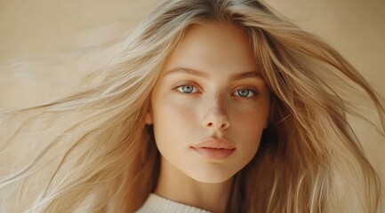 Fototapeta premium beautiful blonde woman with long hair, hair product ad, beauty shot, beauty model, long hair flowing in the wind