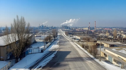 Fototapeta premium Winter Industrial Landscape, A Snowy Road Leading to a Factory Complex Under a Clear Sky