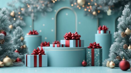 Christmas themed background featuring ornaments, gift boxes with red ribbons and pine branches for seasonal decoration, 3D rendering for poster design and e-commerce background