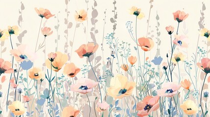 A colorful floral pattern with various flowers and foliage on a cream background.