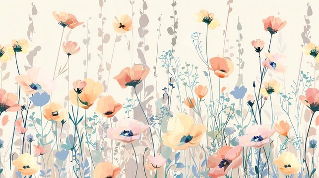 A colorful floral pattern with various flowers and foliage on a cream background.