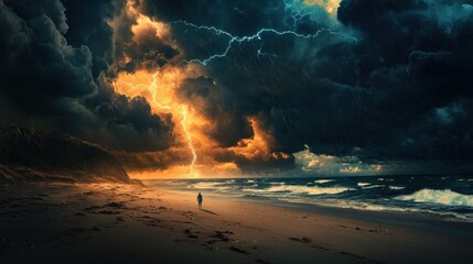 Obraz premium A solitary figure walking on a beach during a stormy sunset.