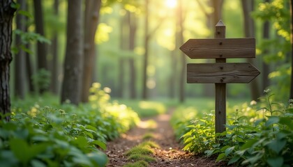 Wooden sign in a lush forest path