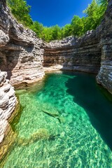 A peaceful mountain river winding through dense forest, with rocky trekking paths along the riverbanks. Clear water reflecting the greenery, perfect for showcasing natural adventure landscapes.