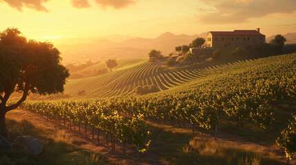 Sunlit vineyard on rolling hills