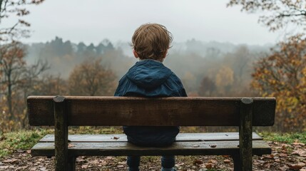 Sad Child Sitting Alone on Bench in Overcast Environment