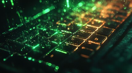Obraz premium A close-up of a glowing laptop keyboard with green and orange lights, representing the abstract concept of digital data and information flow.