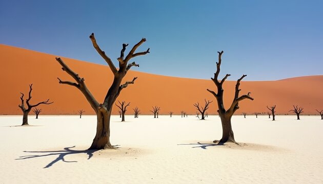 Dead trees in white desert sand against orange dunes with blue sky - Powered by Adobe