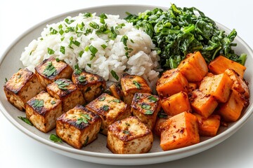Fototapeta premium Vegan hibachi with tofu, mushrooms, and vegetables arranged artfully , representing modern cuisine.