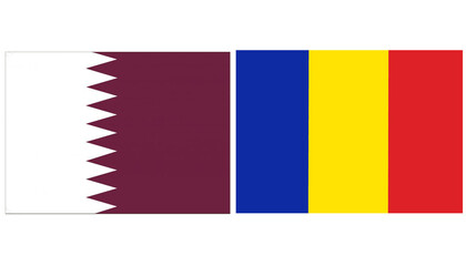 Qatar national flag with Romania Official flag, both countries flags are in Horizontal shape and isolated on white background. Rectangular colorful design Flag with together