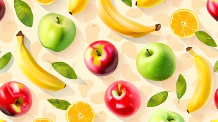 A seamless pattern of fruit. Apples, bananas, and oranges are on a beige background.