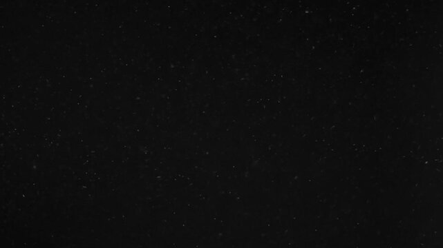 Abstract bokeh of dust particles floating in the air on black background. Slow motion. Abstract animated overlay effect of white particles flying. Loop animation. 4k footage