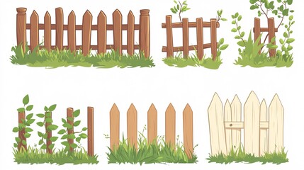 Obraz premium 97.A collection of cartoon wooden fence designs, including a rustic post-and-rail fence, a classic picket fence, and a decorative panel fence. Each fence section is drawn in a playful, flat vector