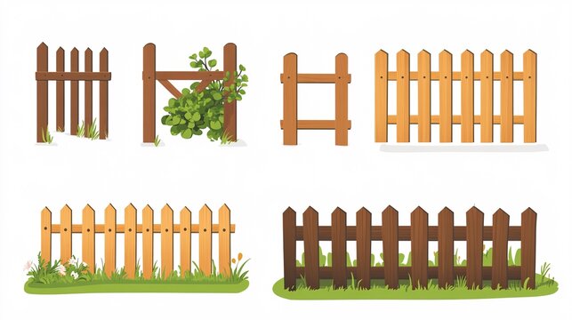 97.A collection of cartoon wooden fence designs, including a rustic post-and-rail fence, a classic picket fence, and a decorative panel fence. Each fence section is drawn in a playful, flat vector