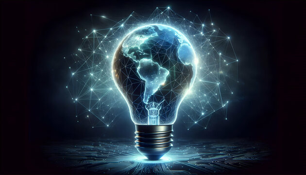 Bulb  idea A glowing polygonal light bulb projecting a digital Earth map onto a dark background, with energy li2.jpg