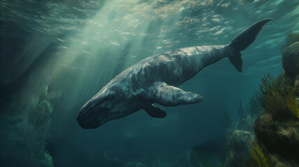 Obraz premium A hyper-realistic, detailed underwater scene featuring a majestic blue whale swimming gracefully through deep ocean waters. The whale should be depicted in its full length, with its massive body