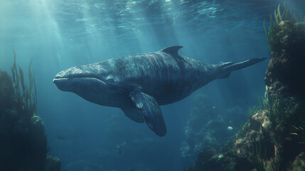 A hyper-realistic, detailed underwater scene featuring a majestic blue whale swimming gracefully through deep ocean waters. The whale should be depicted in its full length, with its massive body