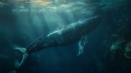 Fototapeta premium A hyper-realistic, detailed underwater scene featuring a majestic blue whale swimming gracefully through deep ocean waters. The whale should be depicted in its full length, with its massive body