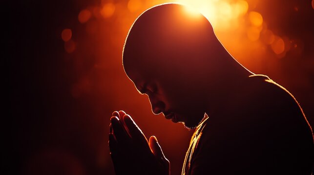 Black African American man pray to god. Religion belief faith worship. Generative AI technology.	
