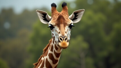 Obraz premium Capture a close-up of a giraffe’s face, emphasizing its expressive eyes, long neck, and unique spots. Natural light highlights its graceful, majestic presence against a soft, blurred background.