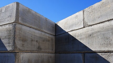 25.A detailed shot of a concrete block retaining wall, focusing on the intersection of two walls, the heavy texture of the blocks creating a solid, industrial feel, with light and shadows emphasizing