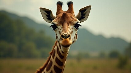 Naklejka premium Capture a close-up of a giraffe’s face, emphasizing its expressive eyes, long neck, and unique spots. Natural light highlights its graceful, majestic presence against a soft, blurred background.