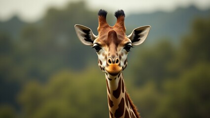 Obraz premium Capture a close-up of a giraffe’s face, emphasizing its expressive eyes, long neck, and unique spots. Natural light highlights its graceful, majestic presence against a soft, blurred background.