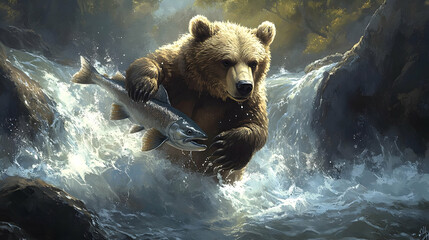 Fototapeta premium A bear catching a fish in a river, showcasing nature's raw beauty and wildlife interaction.