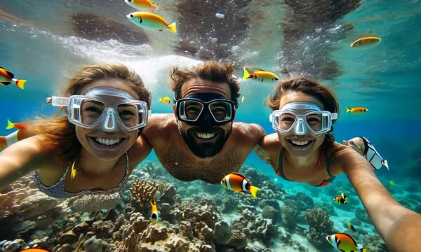 Smiling people snorkeling with colorful fish in clear water.