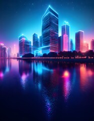 Fototapeta premium Nighttime Cityscape with Neon Building Illuminations and Water Reflection