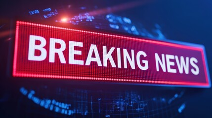 Illuminated "Breaking News" Sign on Digital Screen with Blue Background, Representing Urgent Information Updates