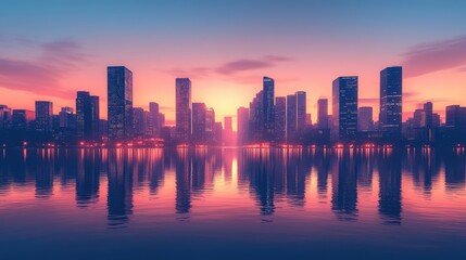 Fototapeta premium Minimalist Cityscape at Dusk with Illuminated Skyline Reflected on Calm Water, Highlighting Urban Serenity