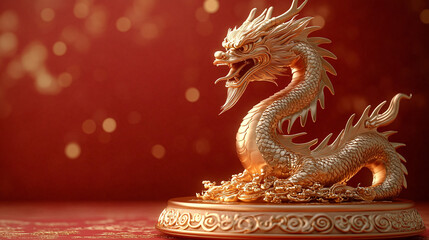 Obraz premium A majestic golden dragon statue exuding strength and cultural significance, ideal for Lunar New Year celebrations, fortune-themed events, or Asian cultural representations.