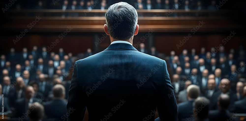 Poster A speaker addresses a large audience in a formal setting, conveying a message or proposal.