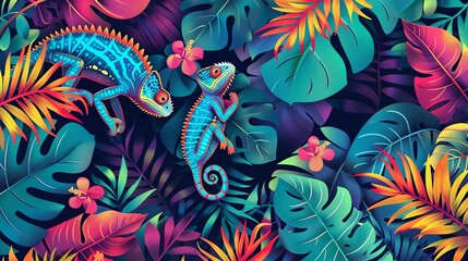 Fototapeta premium A colorful, tropical pattern with chameleons, leaves, and flowers.