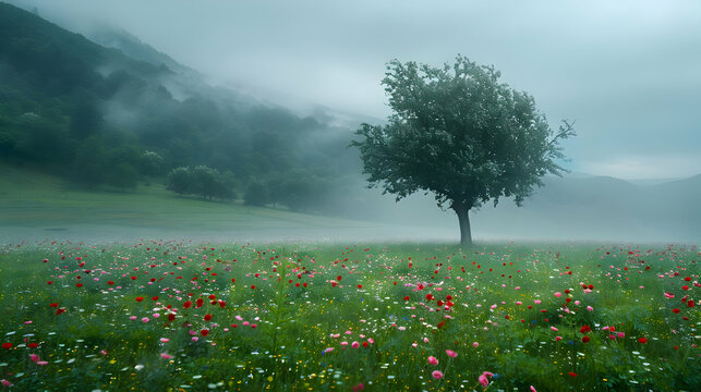 Misty Meadow Landscape Illustration: Solitary Tree in Flower Field