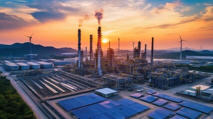 Fototapeta premium Sustainable Oil Extraction Concept, Modern Sustainable Oil Refinery Surrounded by Solar Panels and Wind Turbines at Sunset