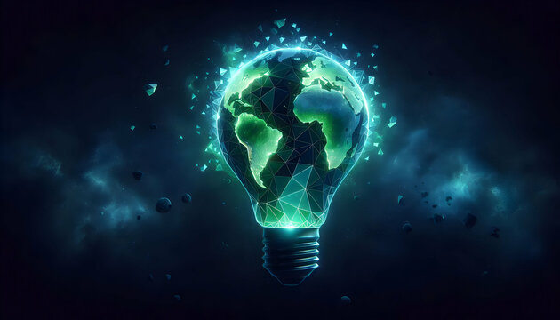 Bulb idea A polygonal light bulb floating in space, with the continents of Earth glowing in green and blue ove4.jpg