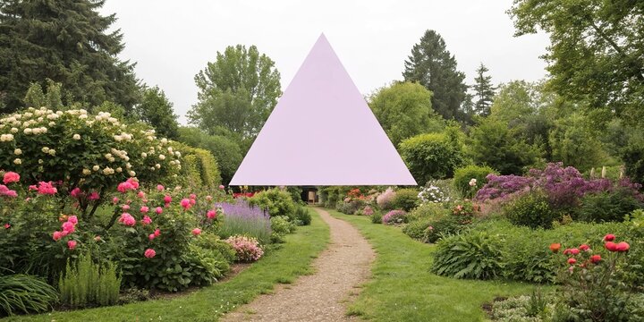 Watercolor light purple rounded triangle shape in a whimsical garden scene with flowers and greenery, whimsical illustrations, garden decor