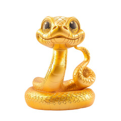 Golden snake figure with large eyes and a smiling expression for Lunar new year isolated on transparent or white background