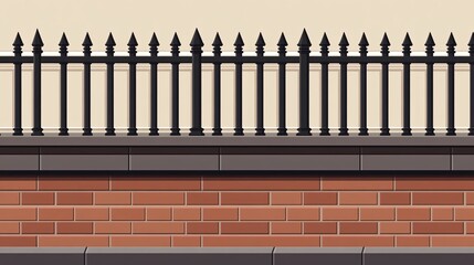 Naklejka premium 93.A minimalist vector illustration of a fence with a brick lower section and steel bars running vertically, creating a sturdy yet modern look. The bricks are textured, and the steel bars are sleek