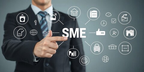 Businessman Examining Digital SME Business Solutions on Screen