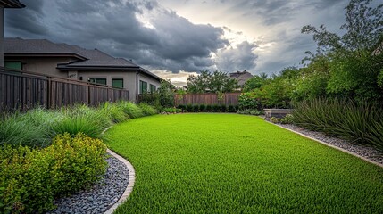 Obraz premium 63.A modern homeâ€™s backyard with a wide, grassy lawn and a variety of plants and shrubs adding texture and color, enclosed by a rustic wooden fence, all set against a cloudy sky that creates a