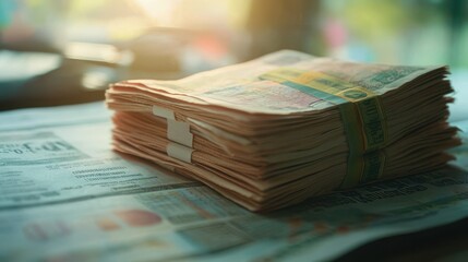 Local Currency Notes Beside Newspaper in Soft Morning Light