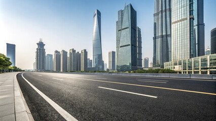 Fototapeta premium Wide asphalt road stretching through a modern cityscape with sleek skyscrapers and glass towers in the background, cityscape, urban architecture, highway, urban development, skyscraper